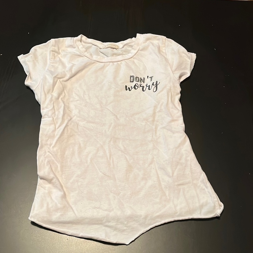 White ‘Don’t Worry’ Rolled Short Sleeve Shirt, Mathew 6:34, Size Small